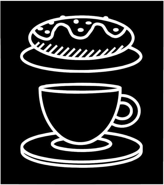 Hot coffee and a sweet roll in silhouette vinyl sticker. Customize on line. Food Meals Drinks 040-0459
